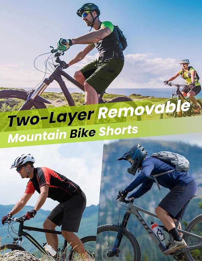 Nepest Mens Mountain Bike Shorts 3D Padded MTB Bicycle Riding Cycling Short Padding Liner Baggy Quick Dry,Zip Pockets