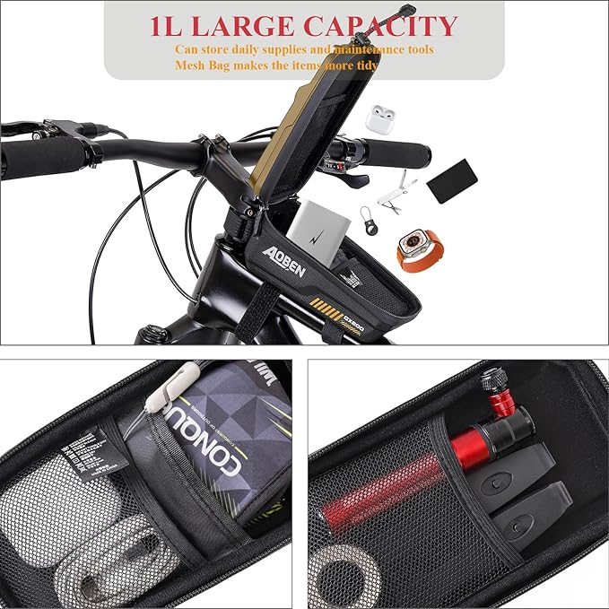 Aoben Bike Bicycle Phone Front Frame Bag for Mountain Bike Road Bike, EVA Hard Casing Bike Phone Holder Bike Phone Mount for MTB, Bike Bicycle Accessories for Cell Phone Under 6.8 Inches (Tan)
