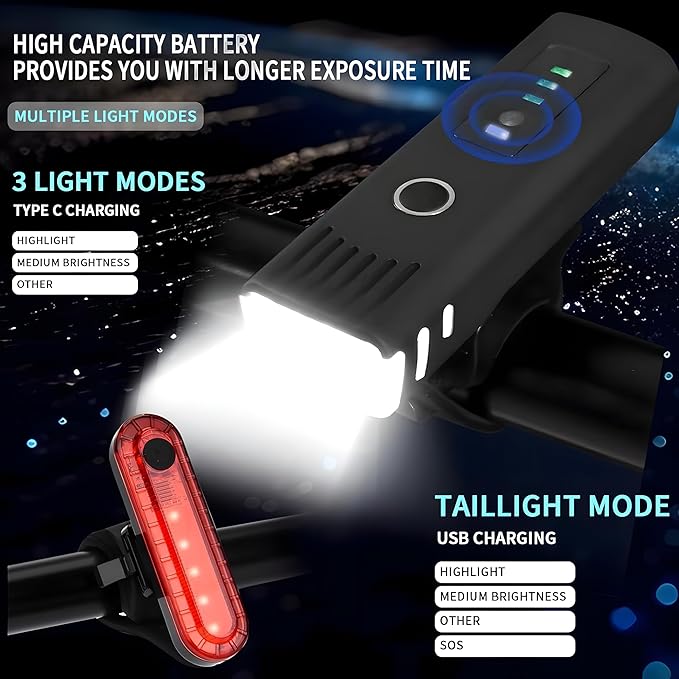 Ultra Bright USB Rechargeable Bike Light Set, 4 Light Modes Bicycle Front Headlight and Back Taillight, Night Riding Waterproof Bike Front & Rear Light for Men Women Kids Road Mountain Cycling