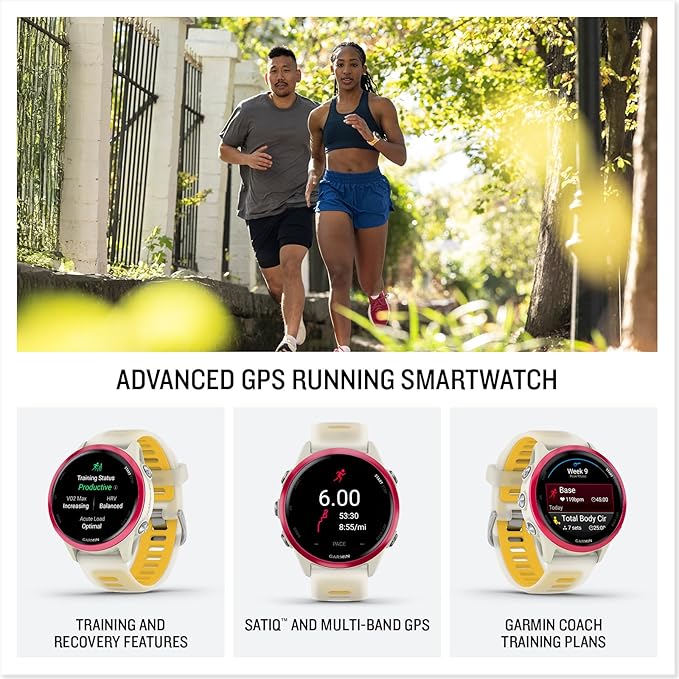 Garmin Forerunner 570 42mm GPS Running Smartwatch, Raspberry | Advanced Training & Recovery, Sleep Coach, Heart Rate, Download Music, Up to 10 Day Battery | Signature Series Power Bundle