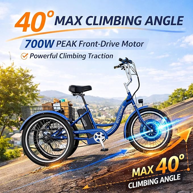 MOONCOOL MONCOOL Adult Electric Tricycle, 350W Front Drive Motor (Peak 700W), 15.5MPH E-Trike with Removable 36V 14.5Ah Battery, 60 Miles Range, 24/26 Inch 7-Speed 3 Wheel Electric Bike, Large Basket