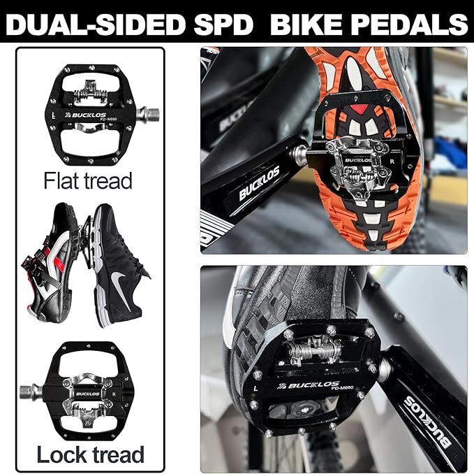 BUCKLOS SPD Pedals PD-M680 Mountain Bike Clip in SPD Flat Combo Dual Sided Pedals - Road Bike MTB Clipless Sealed Bearing Bicycle Clips Pedal Compatible with Shimano SPD Cleats (Black…
