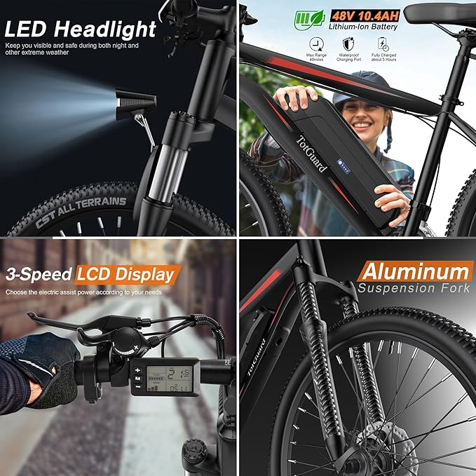 TotGuard Electric Bike for Adults, 27.5" Electric Bike 500W Ebike 20MPH Adult Electric Bicycles Electric Mountain Bike,48V 499WH Removable Lithium Battery,21-Speed Gears,Lockable Suspension Fork