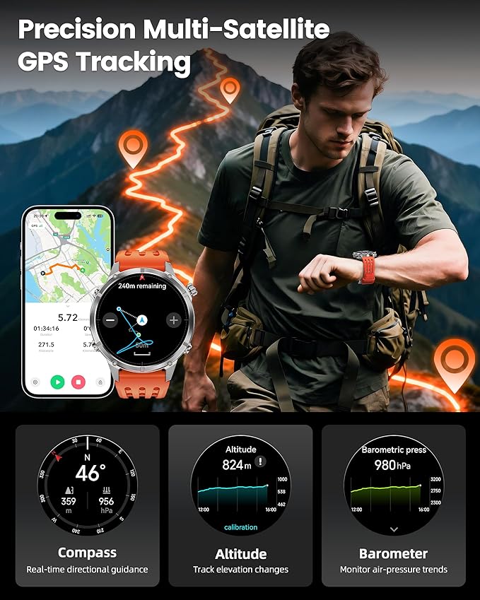 WalkerFit GPS Smart Watch for Men, Multi-Satellite Positioning, Full Metal Body, 520mAh Long Battery Life, 5ATM Waterproof with Bluetooth Call, 1.43” AMOLED Screen, for iPhone/Android, Orange