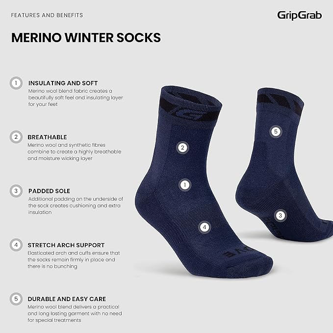 GripGrab Merino Winter Cycling Socks Insulated Thermal Padded Cushioned Breathable Warm Soft Thick Wool Bike Sock