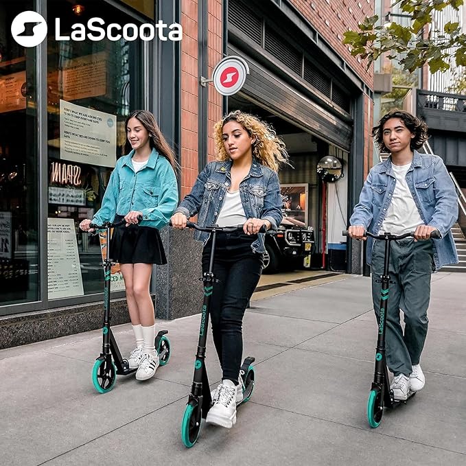 LaScoota Kick Scooter for Kids Ages 6+, Teens & Adults, Large 8" Sturdy Urethane Wheels. Adjustable Handlebar, Lightweight, Foldable, 220lbs Max Load