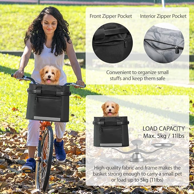 Lixada Bike Basket, Small Pet Cat Dog Carrier Bicycle Handlebar Front Basket Folding Detachable Removable Easy Install Quick Released Picnic Shopping Bag, Max. Bearing: 11lbs