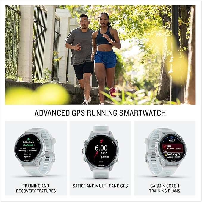 Garmin Forerunner 570 42mm GPS Running Smartwatch, Cloud Blue | Advanced Training & Recovery, Sleep Coach, Heart Rate, Download Music, Up to 10 Day Battery | Signature Series Charging Stand Bundle