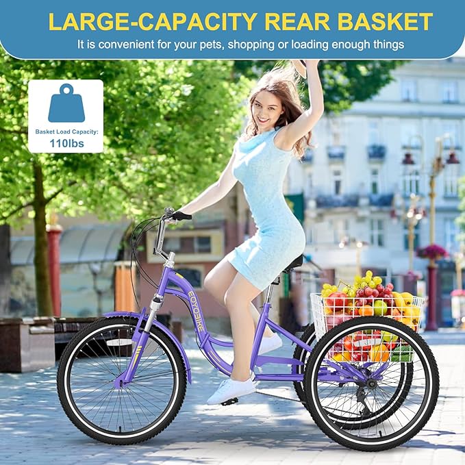 NAIZEA Folding Adult Tricycle - 7 Speed 20/24/26 Inch Folding Tricycle for Adult, 3 Wheel Bike, Foldable Trike with Large Basket/Low-Step Through for Men Women Senior