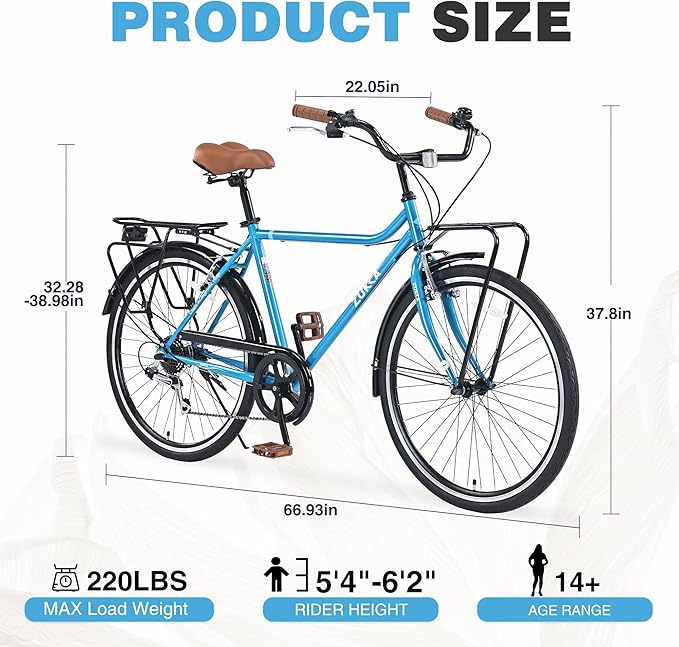 Vintage Style 26 Inch Adult Cruiser Bicycle Hybrid Bike 7 Speeds Commuter Bike for Women, Men, Seniors, SHMANO Shifter and derailleur Step-Over Steel Frame,Double Cargo Rack，4 Colors