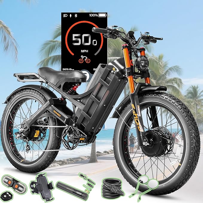 eAhora Romeo Pro 3/2 [2026] 46-50 Mph Electric Bike for Adults, Peak 5600W Dual Motor Ebike, 60V/52V 80Ah/70Ah 250 Miles Long Range E Bike, 26”*4.0 Fat Tire Air Full Suspension Off-Road E-Bike