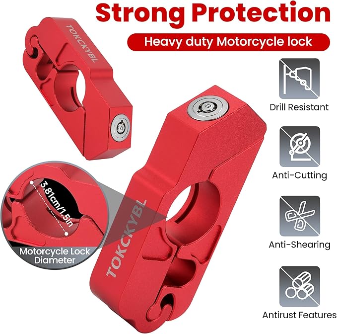 Motorcycle Lock, Heavy Duty Anti Theft Helmet, Brake and Handlebar Lock, Universal for Motorcycles, ATVs, Dirt Bikes, Mopeds，Scooters, Red