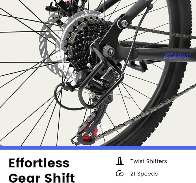 Ecarpat 24/26/27.5 Inch Mountain Bike, Full/Front Suspension Mens Boys Mountain Bike with 21 Speed Steel Frame and Dual Disc Brakes, Adult Sport Bicycle for Trail City Road, Gift Choice