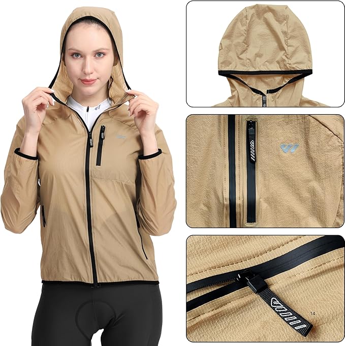 Wulibike Windbreaker Jacket Women Lightweight Rain Jacket Packable Reflective Hooded For Cycling,Hiking Outdoor Sports