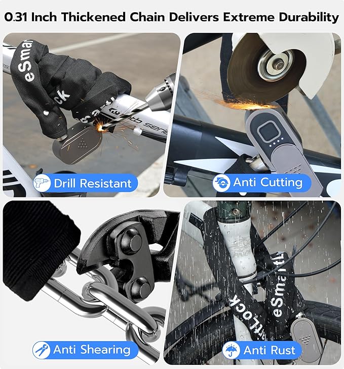 Anweller Fingerprint Bike Chain Lock, Heavy Duty Anti-Theft Weatherproof Bluetooth App Smart Lock for Bicycle, Motorcycle, Scooter, Moped, Outdoor Fence, Gate, Snowboard, Ski (0.31" Bold, 3.3' Long)
