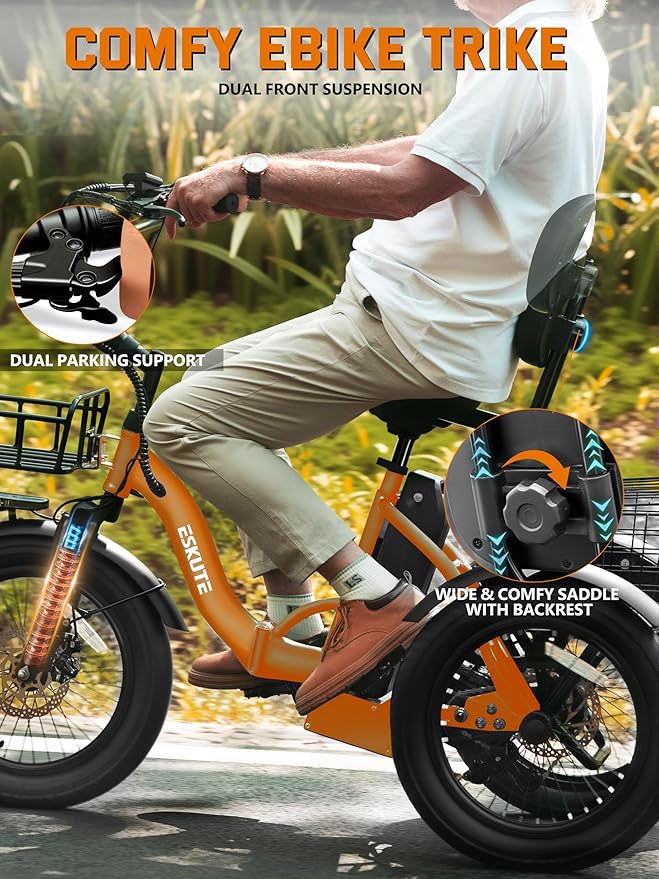 ESKUTE E Trike Electric Bike, Peak 1200W Brushless Motor Folding Trike 18X3.0 Fat Tire Ebike, 624Wh Removable Battery, Step-Thru 3 Wheel Electric Bicycle, Up to 55 Miles, 18MPH+ Tricycle for Adults