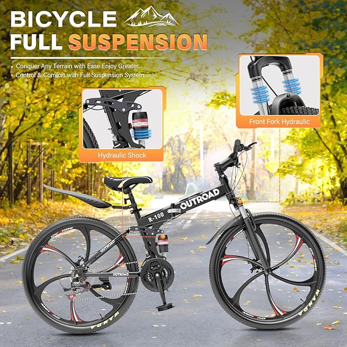 26 inch Folding Mountain Bike, Carbon Steel Frame and 21 Speed, Double Disc Brake and Dual Suspension Folding Bike for Adults/Men/Women, Easy Assembly Bicycle(Black/Green/Orange)