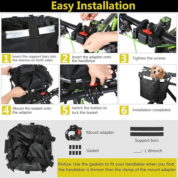 Detachable Bike Basket, Dog Cat Bicycle Handlebar Front Bag Pet Carrier with 5 FT Dog Leash for Cycling, Shopping, Picnic, and Outdoor