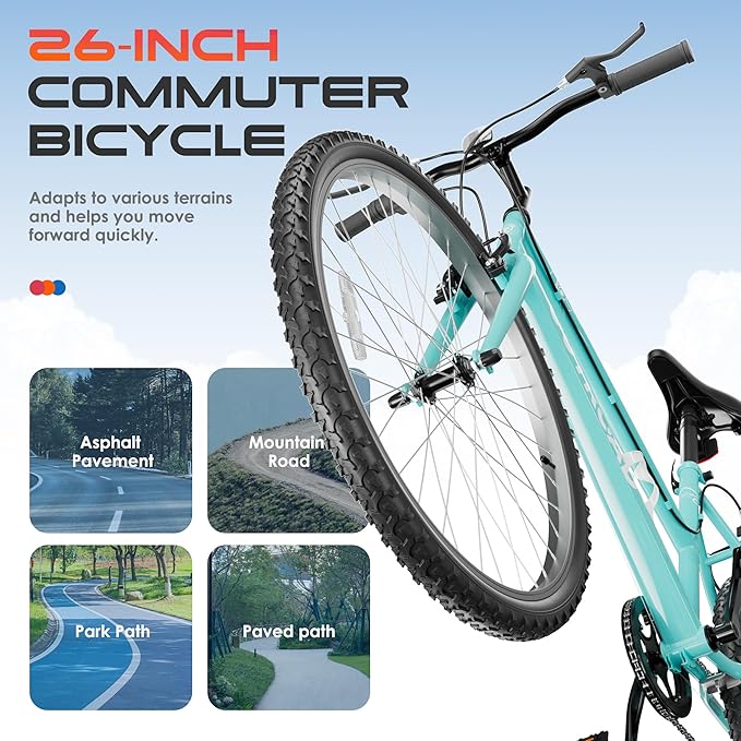 26 inch 7-Speed Commuter Bicycle,Hybrid Bicycle,Men's Cruiser Bike/Mountain Bike V Brake,Metal Frame, Adult Bike (Black, White, Blue, Green, Purple, Pink)
