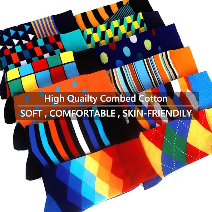 WeciBor Men's Dress Funny Crazy Colorful Novelty Combed Cotton Crew Socks 12 Pack - Size 7-10/10-13/13-15