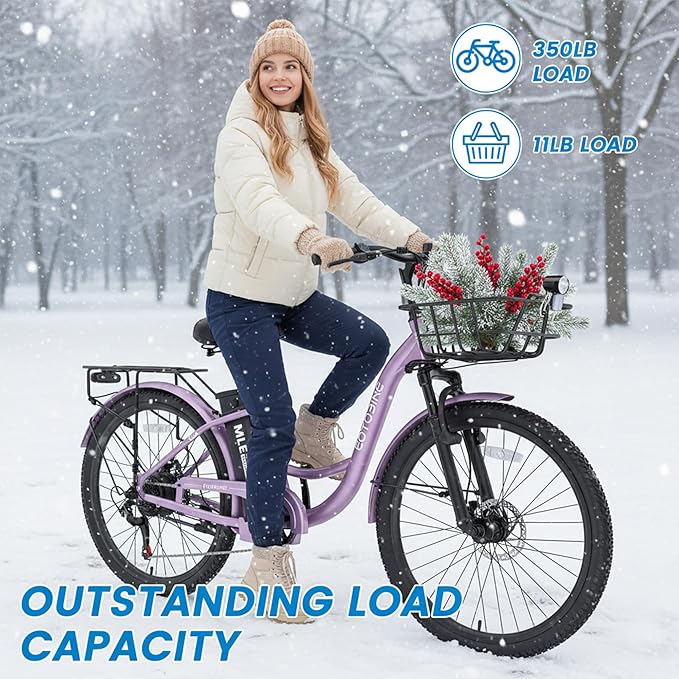 350W Electric Bike for Adults, 20MPH 7-Speed Commuter Ebike with 36V 10.4Ah Battery, Aluminum Frame, Front Suspension, Dual Disc Brakes, E Bicycle with Basket & Rear Rack, 330 lbs Load
