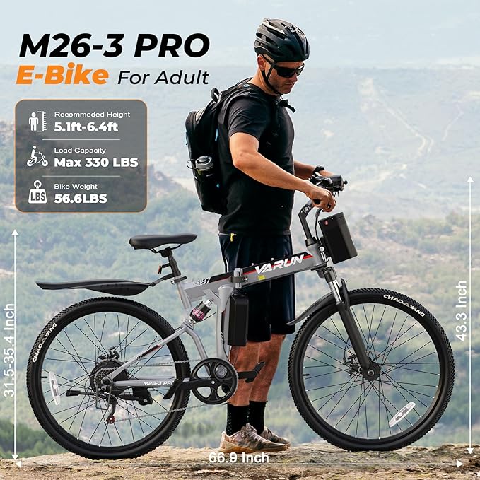 VARUN Folding Electric Bike for Adults - Peak 750W Motor 26" Ebikes, Foldable Electric Bike with 48V Longe Range Battery, Up to 20+MPH 50 Miles, 7-Speed Gears & Dual Hydraulic Suspension