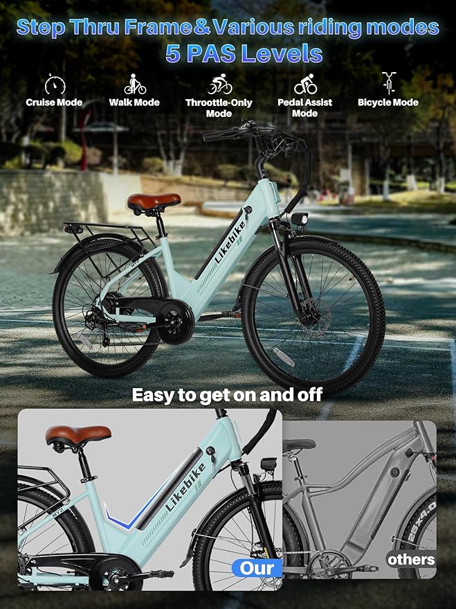 Likebike MY2 Electric Bike for Adults 1500W, Electric Bicycle for Women, 48V Removable Battery Max 85Miles 28MPH, 26in Fat Tire Electric Bike with 7 Speed, Commuter Ebikes for Men