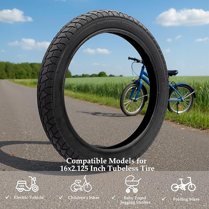 16x2.125 Tubeless E-Bike Tire,16" Compatible with 16x2.1 16x2.15 16x2.0 fit for Folding Bikes, Kids' Bikes, Compact Electric Bikes, Small Road Bikes & Children's Racing Bikes