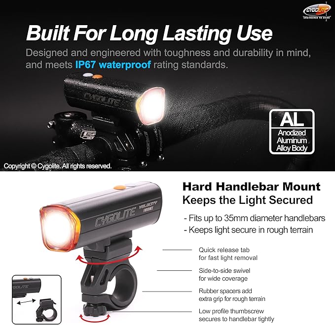 Cygolite Velocity 1600, 1200, 1000, 800 Lumen USB-C Bike Lights – Anodized Aluminum Alloy – 9 Light Modes – Fine Tunable Brightness - Compact, IP67 Waterproof – Hard Mount – Road & Mountain