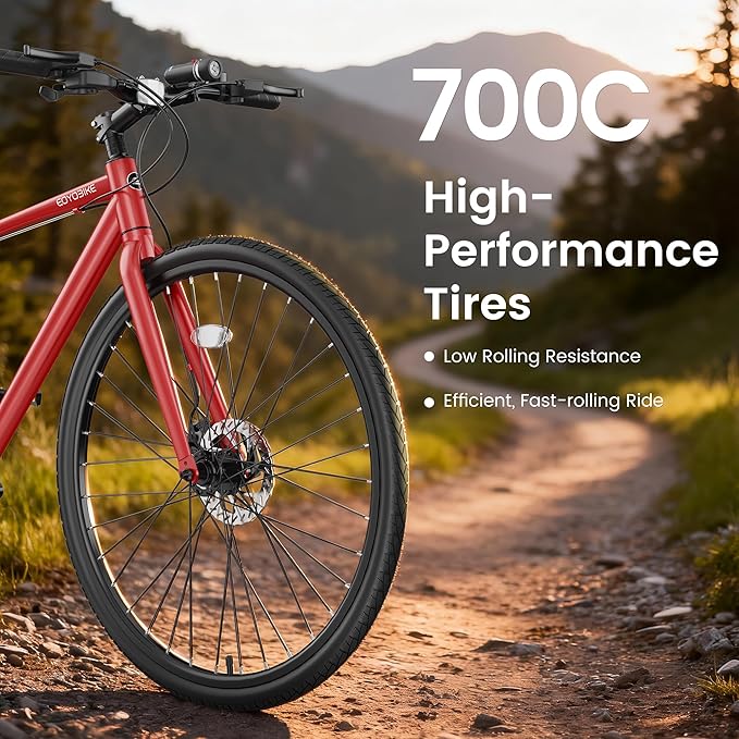 MOPHOTO Hybrid Bike for Adults, 700C City Commuter Bicycle, Lightweight Aluminum Frame, 8-Speed Urban Fitness Bike for Men&Women, Dual Disc Brakes, Upright Flat Handlebar, LED Headlight & Reflectors