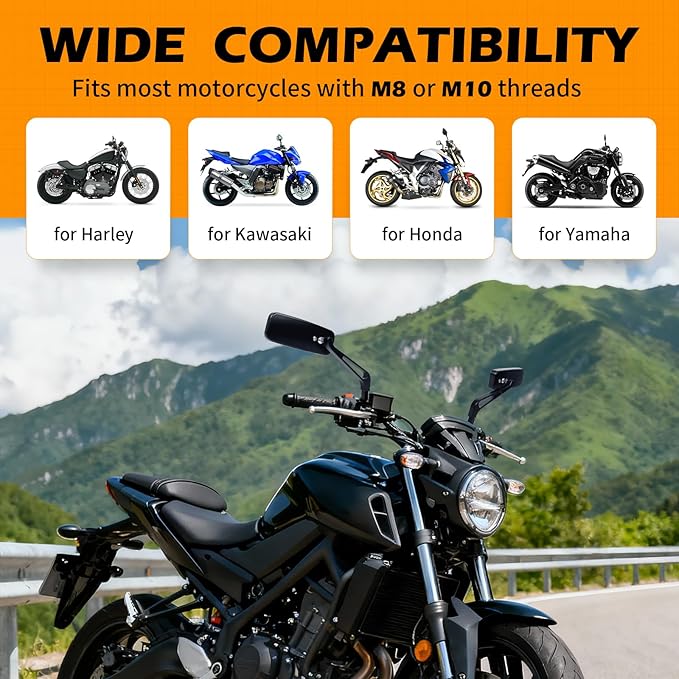 8mm/10mm Black Motorcycle Rectangle Handlebar Rearview Mirrors Compatible with Harley Street Glide Road King Softail Sportster Iron 883 XL1200 Chopper Softail