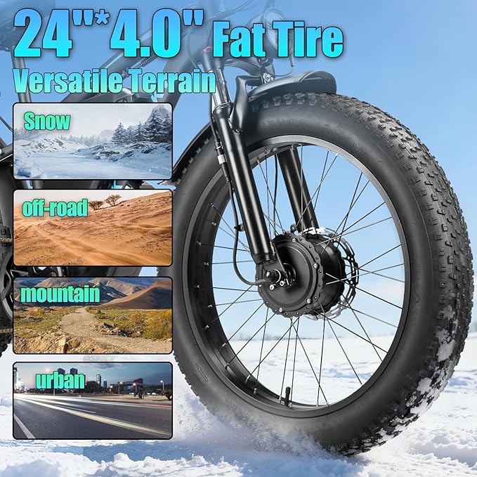 9000W Peak 58V Max-Output Ebike for Adults, Powerful 34Ah Battery Dual Motor Ebike, 47MPH Top Speed Fast E-Bike, Up to 105 Miles 24"x4.0 Fat Tires Electric Mountain Bicycle for Sand Beach Snow