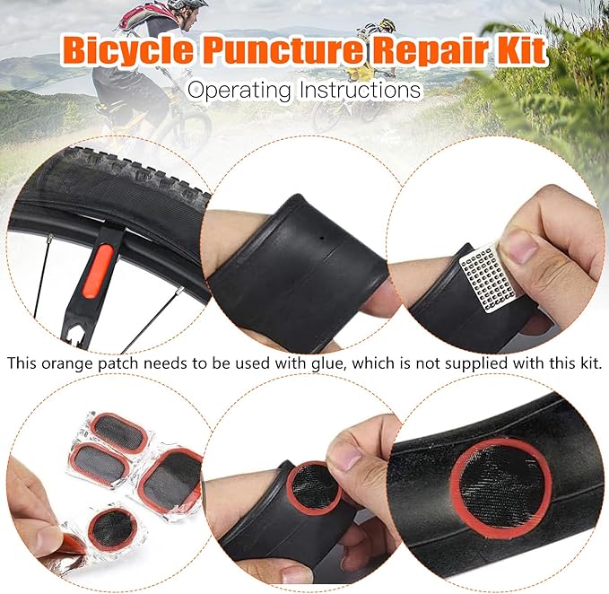 Oumers Bicycle 26-Piece Tire Repair Tools, Bike Tire Patch Repair Kit Tube Repair Kit with Vulcanizing Patches, Self-Adhesive Patchs, Schrader Valve Core, Metal Rasp, Lever, Storage Box(No Glue)
