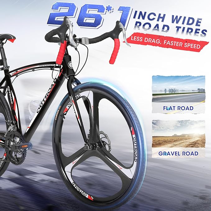 Outroad Hybrid Bikes, 26 inch 14/21 Speed 700C Wheel Road Bike with Light Aluminum Alloy Frame Commuter Bicycle with Dual Disc/V Brakes for Adult Women and Men Blue,Red,Black,White