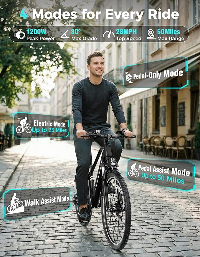 Jasion 26" Electric Bike for Adults, Internal Removable Battery Ebike with 3 Modes & 7-Speed, UL2849 Certified, 1200W Peak Motor, Max 28Mph & 50Miles, Shock Absorber, Electric City Commuter Bicycle