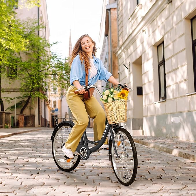 Betterland Beach Cruiser Bike for Women, 24/26 inch Hybrid Bike with Adjustable Seat, Womens Bike with Front Basket and Dual V-Brake, Step Through Comfort Bicycle for City Commuter