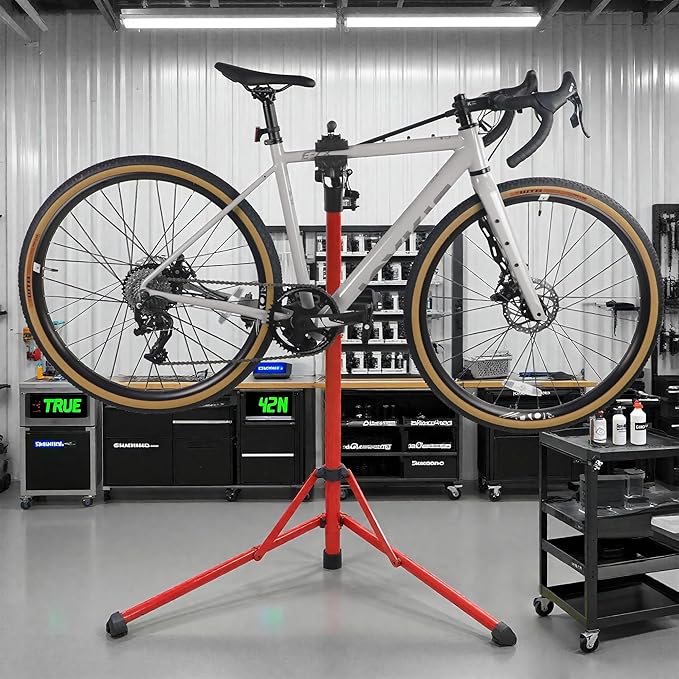 Bike Repair Stand (Max 132 lbs) - Foldable Bike Stand for Maintenance of Road Bike & Mountain Bike,Bicycle Repair Stand for E-bikes with Super-strong Tube,Height Adjustable Portable Bicycle Heavy Duty Mechanics Workstands (Red（MAX LOAD:132LBS）)