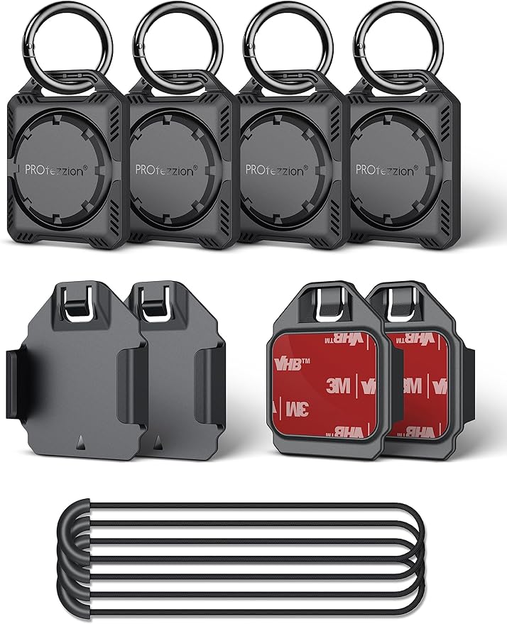 PROfezzion 4-Pack Secure Air Tag Holder Case with Key Ring, 3M Adhesive Mount & Loop Strap for Keychain, Dog Collar, Backpack, Luggage Bag, Car & More, IPX8 Waterproof, Full Cover & Discreet