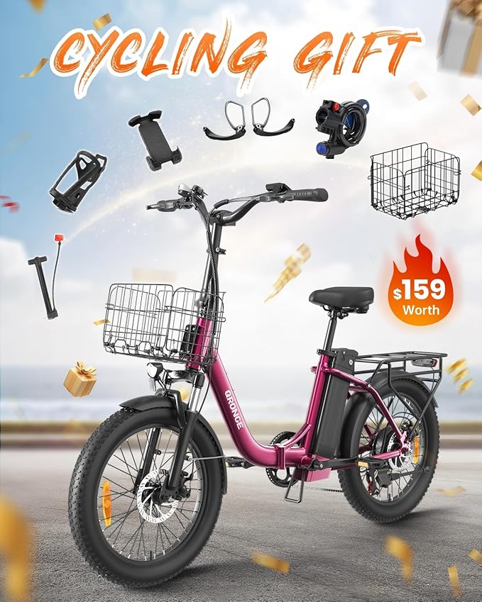 Electric Bike, 1000W Peak Folding Electric Bike, 486Wh 70 Miles Range Ebike, Waterproof Removable Battery, 7 Speed, 25 MPH Max, 20" Step-Thru Bicycle with Front Basket