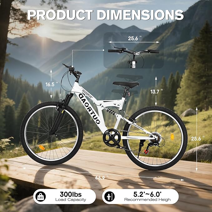 Mountain Bike for Adult Men Women, 26 Inch 7 Speed Mountian Bicycle with Dual Full Suspension, Dual V Brake MTB Bicycle, Multiple Colors