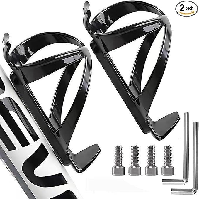 Bike Water Bottle Holders 2 Pack, Universal Bikes Cup Holders Cages, Ultra-Light Water Bottle Bike Cage with Stainless Steel Screws Tool, for Bicycle, Cycling, MTB, Road/Mountain Bikes - Black