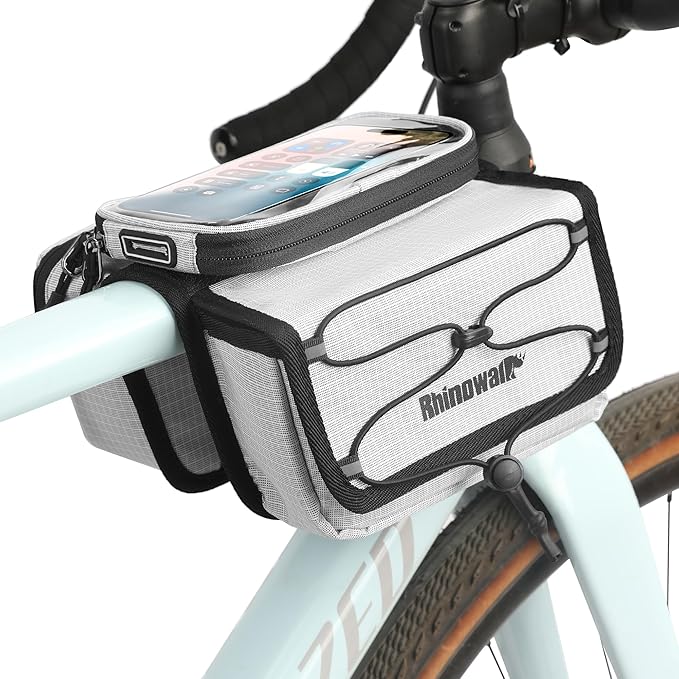 Rhinowalk Bike Frame Bag with Touch Screen Phone Pouch – Waterproof Bicycle Top Tube Bag with Rain Cover, Dual Side Storage for Cycling Accessories (White)