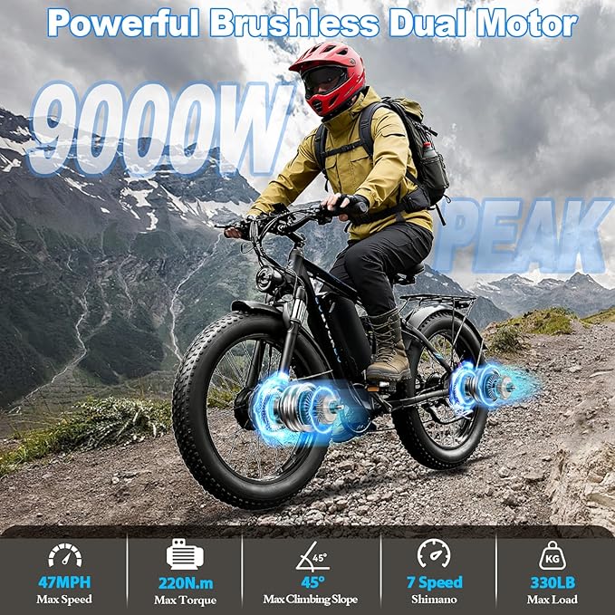 9000W Peak Electric Bike,58V Max-Output Dual Motor Ebike for Adults, 47MPH 1856Wh Fast E Bike,Up to 105Miles 24" x4.0 Fat Tire Full Suspension Mountain E Bicycle for Sand Beach Commuter