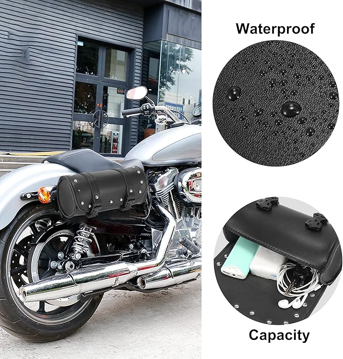Motoforti Universal Motorcycle Fork Handlebar Tool Bag Cycling Storage Pouch Bag Waterproof Faux Leather Black