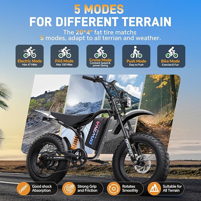 Electric Bike for Adults-3000W/5000W Peak, 60V 32/36AH Battery, 40/45MPH 100 Miles Long Range Ebike, Fat Tire 20Inch, 7-Speed Hydraulic Brake, Electric Dirt Bike Snow Commuter