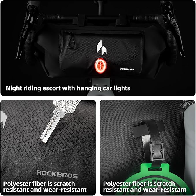 ROCKBROS Handlebar Bag Waterproof with Adjustable Capacity (Up to 8L)-Front Storage Pouch Bag with Waterproof Zipper Anti-Displacement Double-Side Open Compatible for Road Mountain Bike Cycling Travel