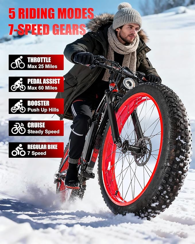 Electric Bike for Adults,1500W Peak Motor E Bikes, 26" Fat Tire Electric Bicycle, 30/33 MPH 60/70 Miles Electric Mountain Bike, Removable Battery, Dual Brake, 7 Speed