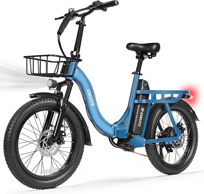 ESKUTE Electric Bike for Adults – 1200W Peak Motor, Folding 20x3 Fat Tire E‑Bike, 48V 10.4Ah Battery, Step‑Through Cargo Fold Ebike, NFC Unlock, 28 MPH, 7‑Speed, Up to 55 Miles