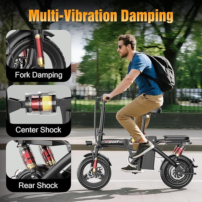 AZHAR Foldable Electric Bike for Adults Teens, 1200W Peak Motor, Up to 25 MPH, 45 Miles PAS Range, Dual Suspension, 14” Tires, 3-Speed Modes, Compact & Portable Electric Mini Bike, Commuting Ebike