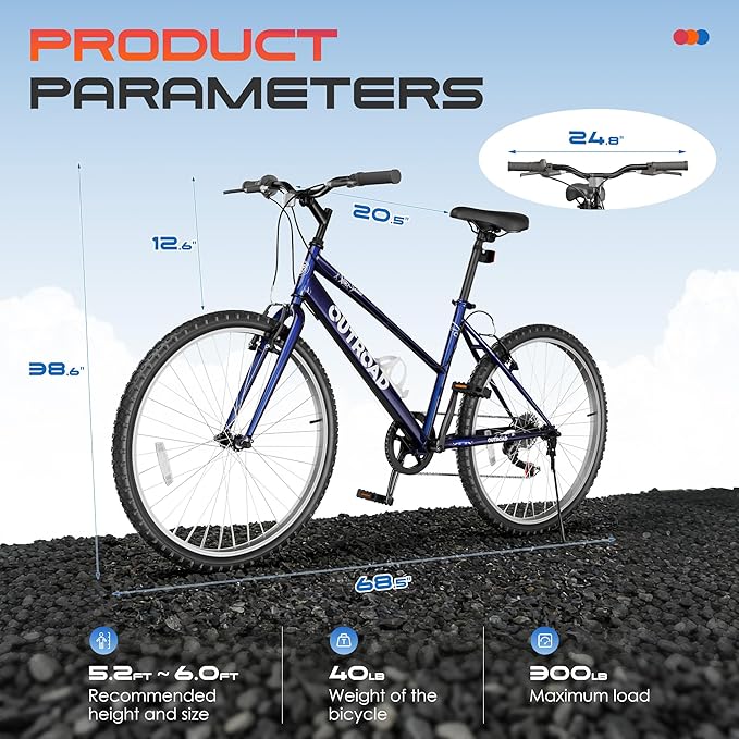 26 inch 7-Speed Commuter Bicycle,Hybrid Bicycle,Men's Cruiser Bike/Mountain Bike V Brake,Metal Frame, Adult Bike (Black, White, Blue, Green, Purple, Pink)
